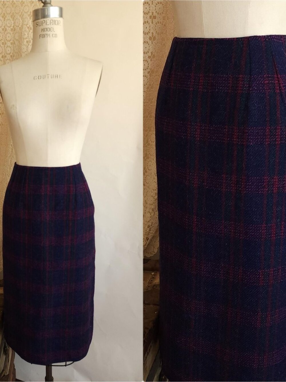 Vintage 1960s Skirt, Navy Blue Plaid Tartan Wool Pencil Skirt